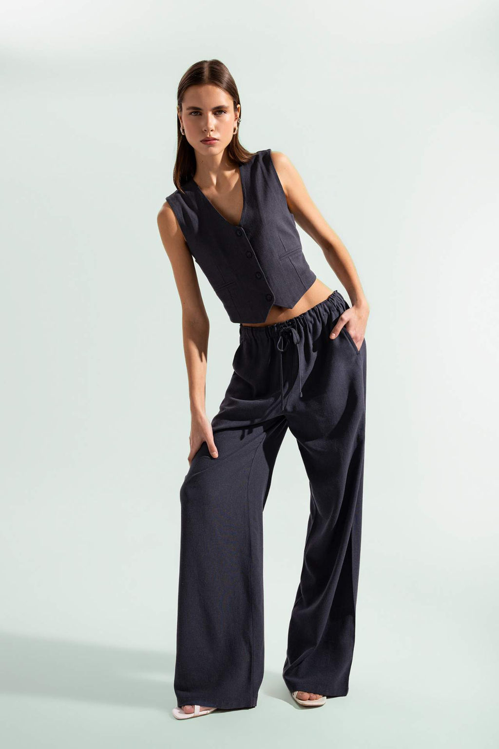 Wide Leg Genis Bol Paca Uc Cepli Normal Bel Basic Duz Standart Boy Keten Kar?s?ml? Pantolon - Defacto фото 3