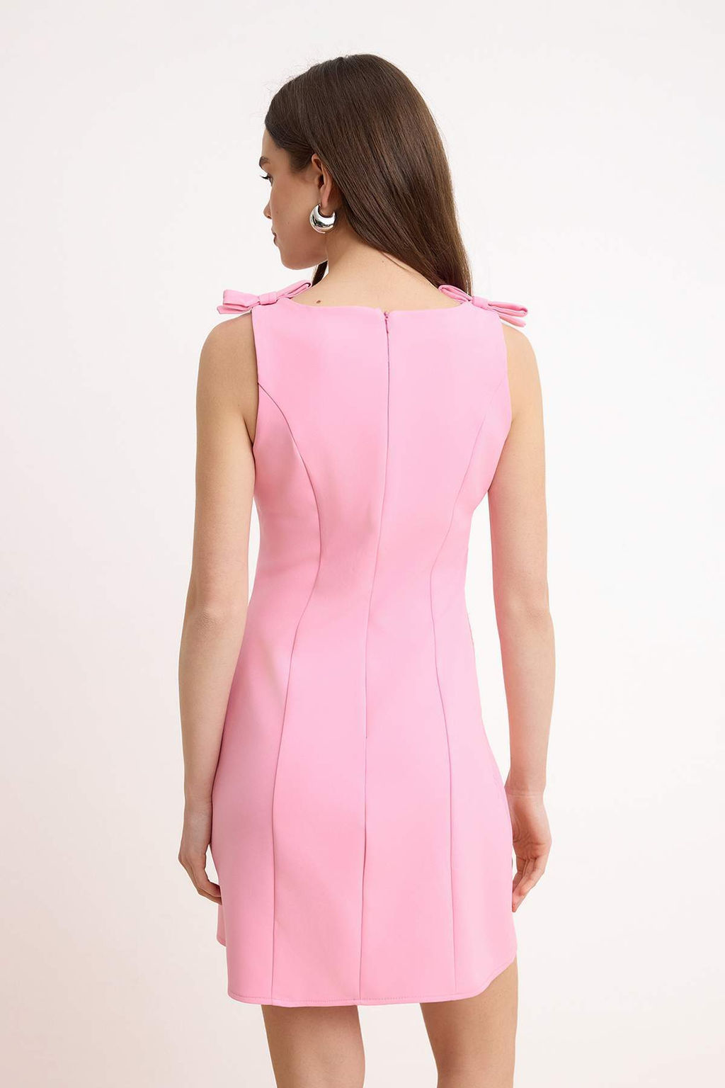 Ac?k Pembe Duz A Kesim Fiyonklu K?sa / Mini Dokuma Elbise TWOSS25EL00267