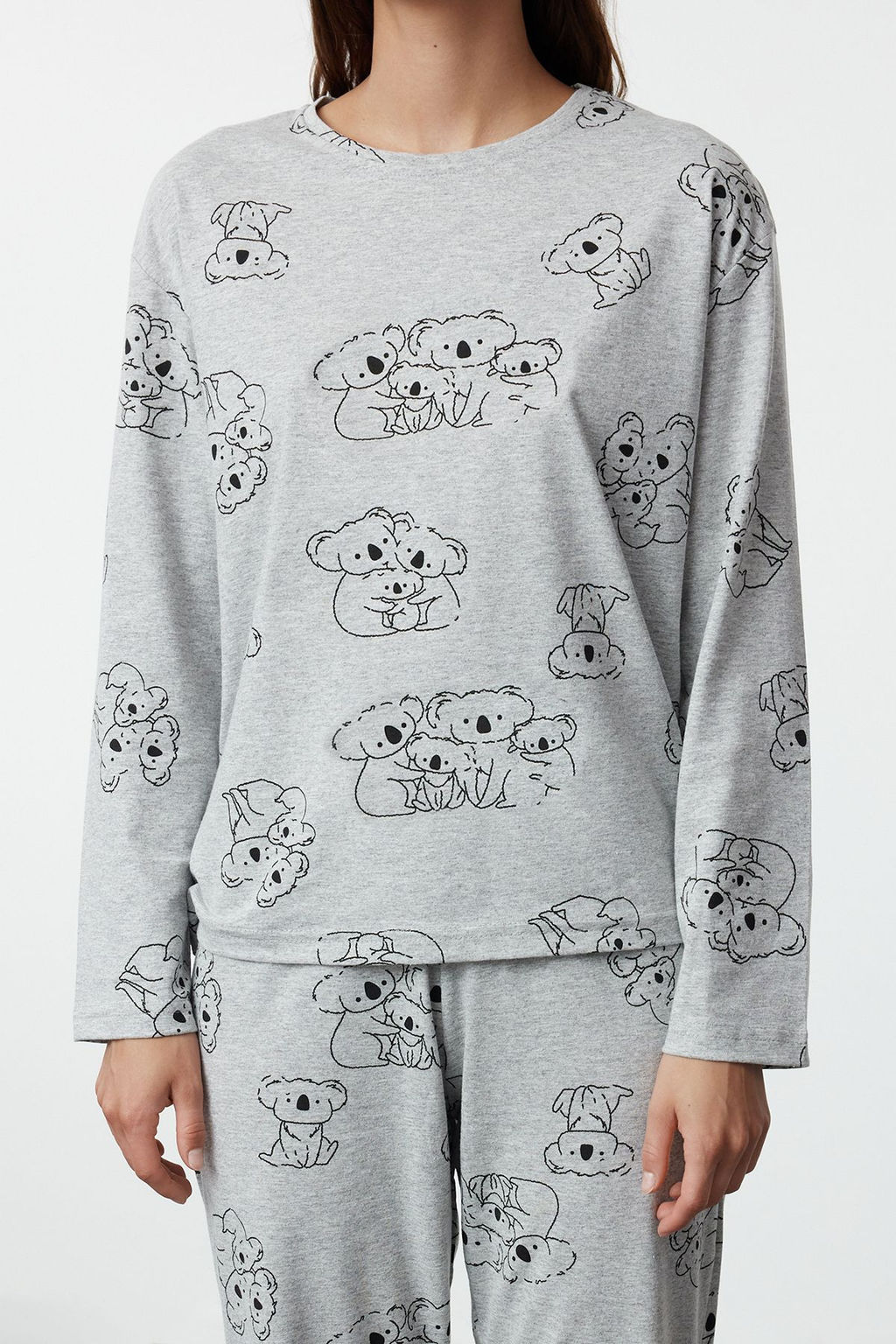 Trendyolmilla Gri Melanj Pamuklu Hayvan Desenli Orme Pijama Tak?m? THMAW25PT00020