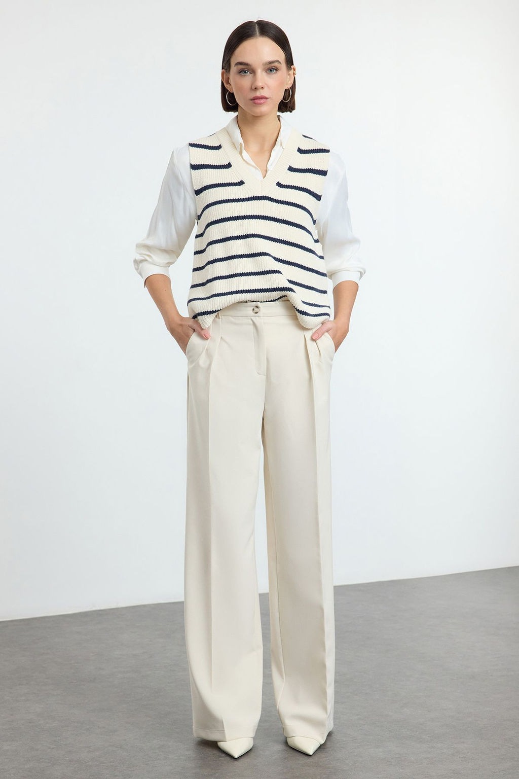 Ekru Pilili Wide Leg/Genis Paca Dokuma Pantolon TWOAW25PL00109 Palazzo