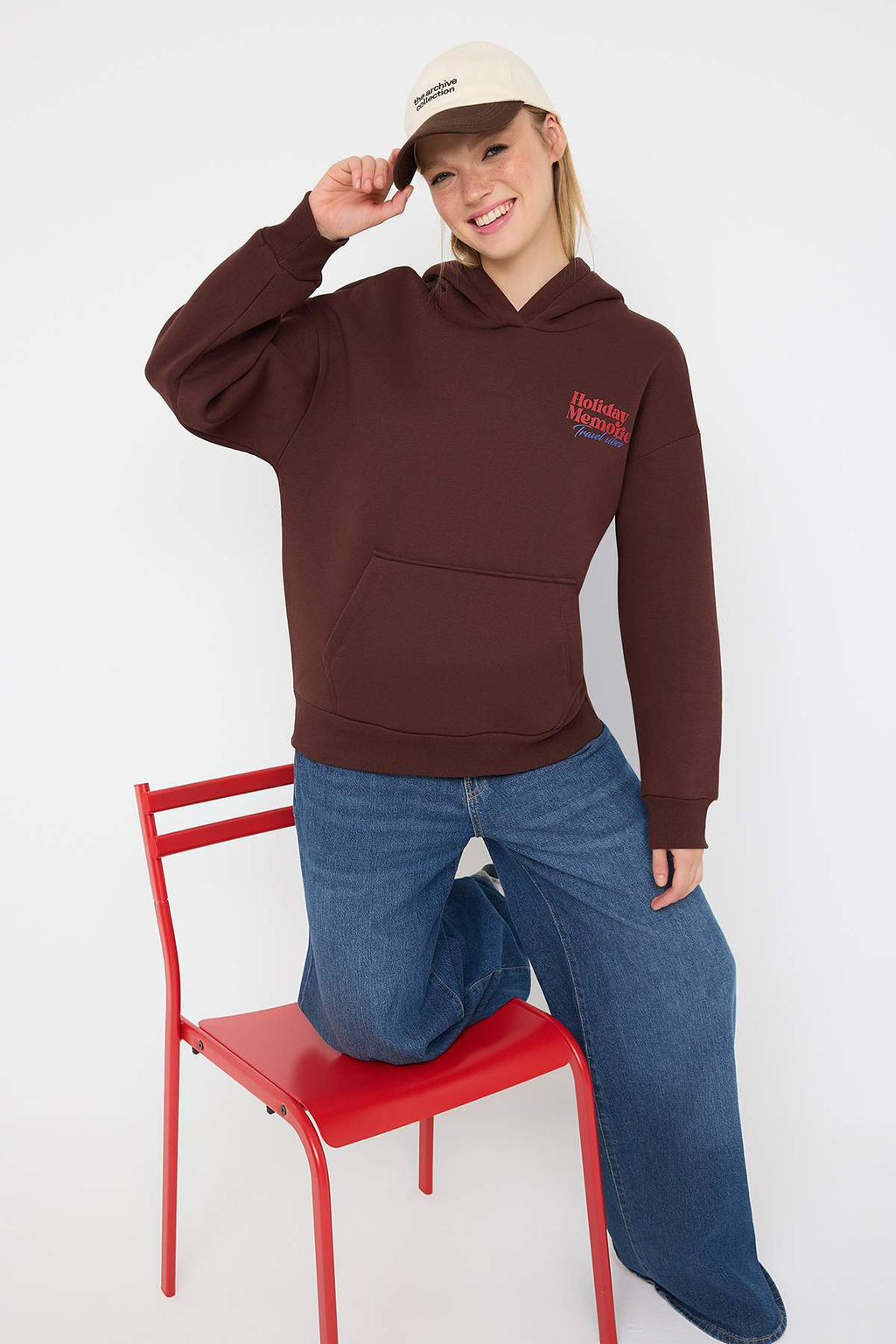 Teen Kahverengi S?rt Bask?l? Oversize Kal?p Kapusonlu Ici Polarl? Orme Sweatshirt TWOAW26SW00126