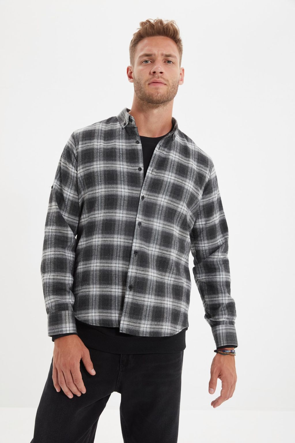 TRENDYOL MAN Gri Slim Fit Dugmeli Yaka Apoletli K?sl?k Oduncu Kareli Gomlek TMNAW22GO0357 - Trendyolmilla фото 6