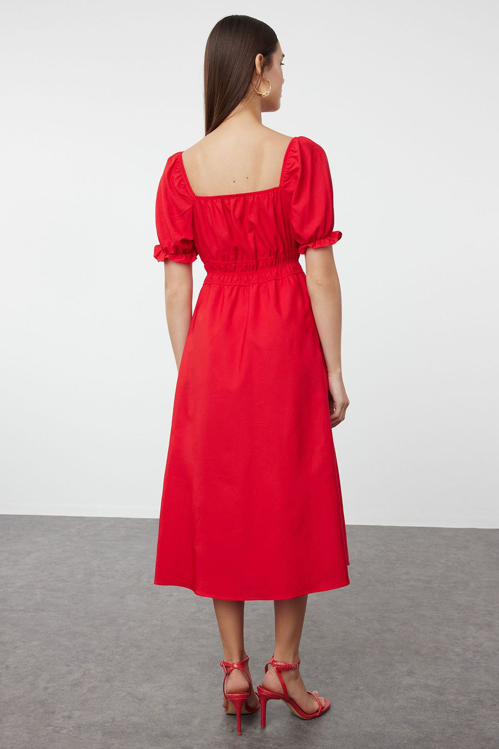 TRENDYOLMILLA K?rm?z? Belden Ac?lan Balon Kollu Midi Dokuma Elbise TWOSS22EL1768 фото 18