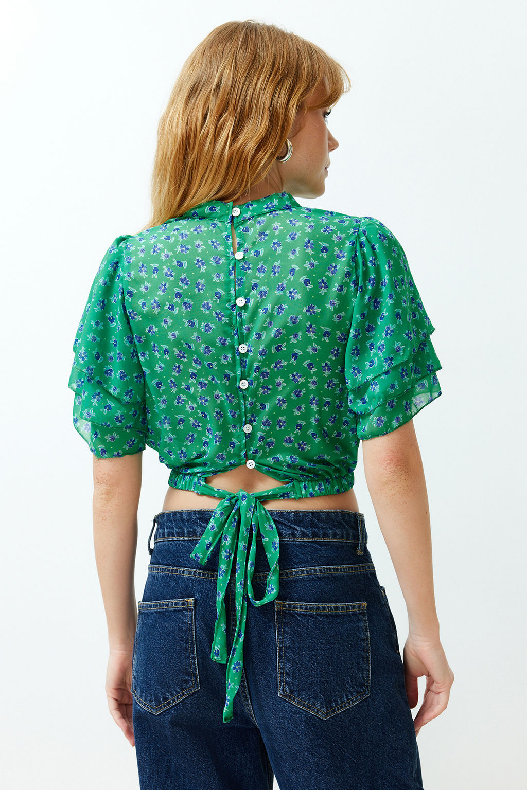 Trendyolmilla Cok Renkli Crop Cicek Desenli Dokuma Bluz TWOSS20BZ1657  фото 15