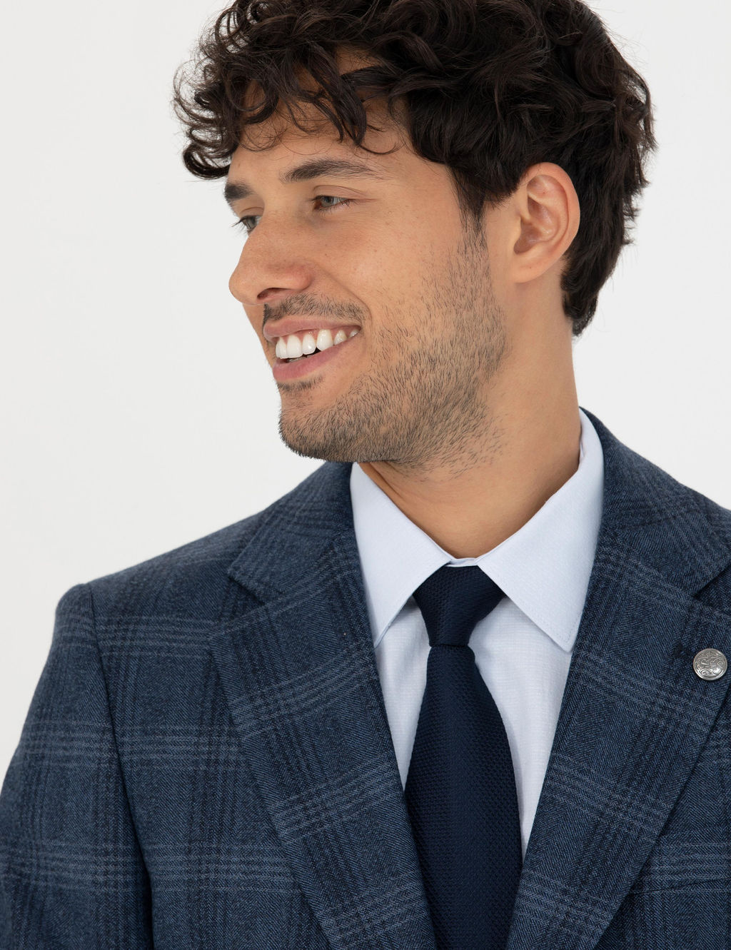 %100 Y_n Ekose Lacivert Ekstra Slim Fit Tak_m Elbise