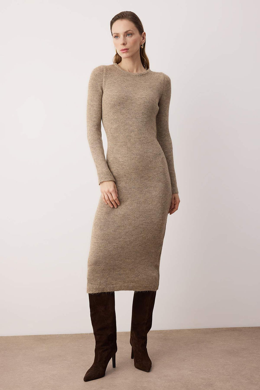 Bej Maxi Ekose Detayl? 2li Dokuma Triko Elbise TWOAW26EL00379 - Trendyolmilla фото 3