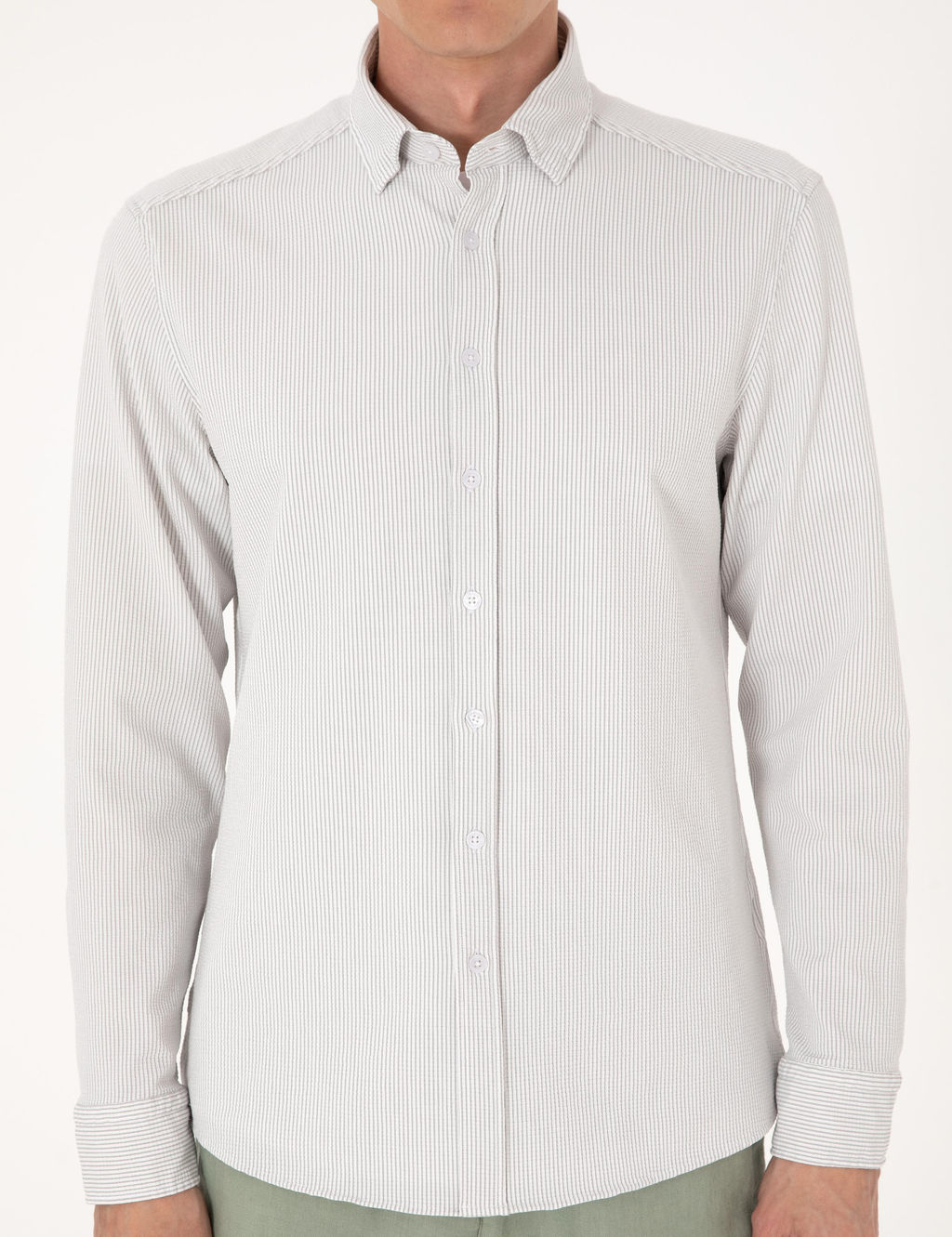 Gri Slim Fit _izgili Uzun Kollu G_mlek