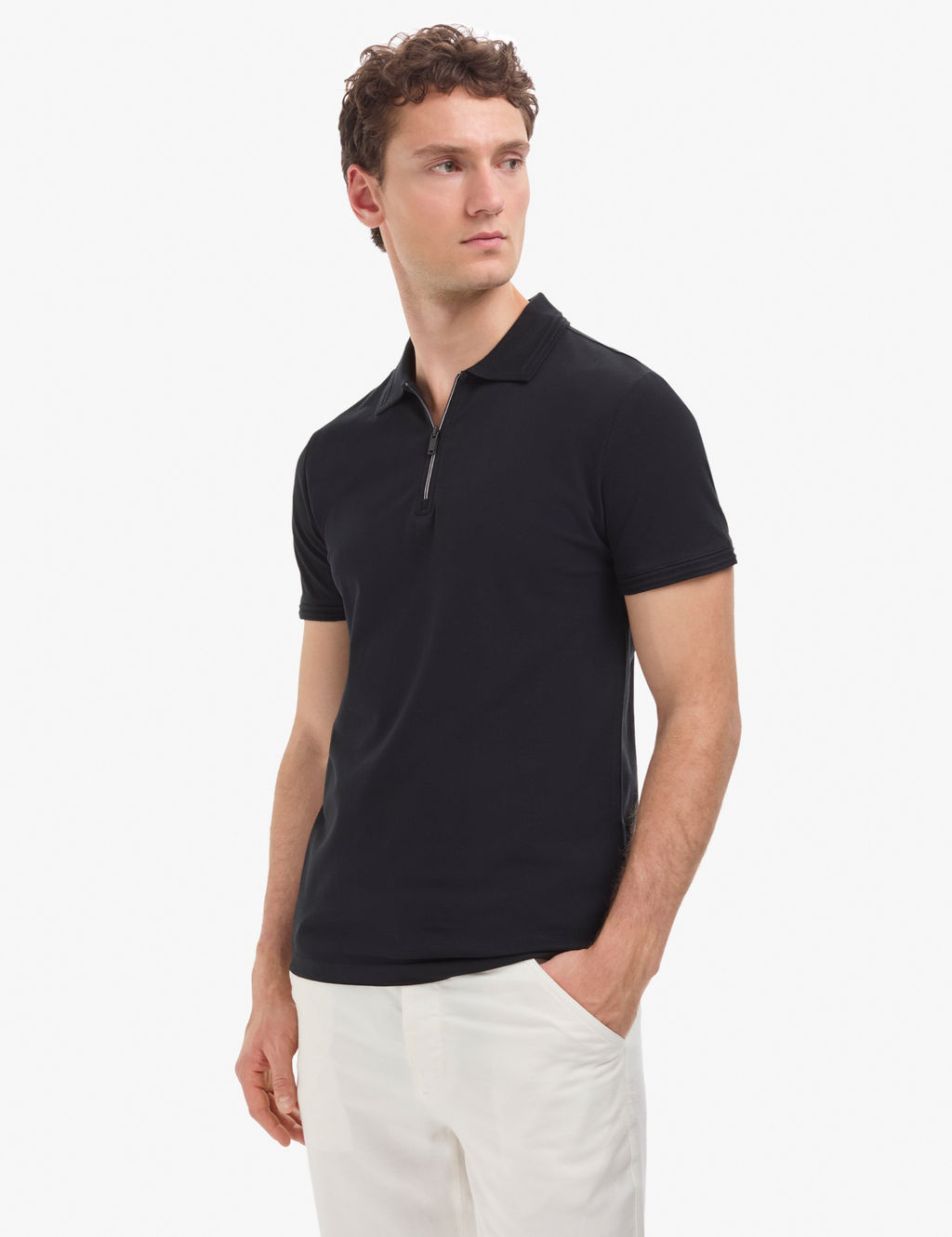 Siyah Slim Fit %100 Pamuk K_vr_lmaz Fermuarl_ Polo Yaka Basic Ti__rt