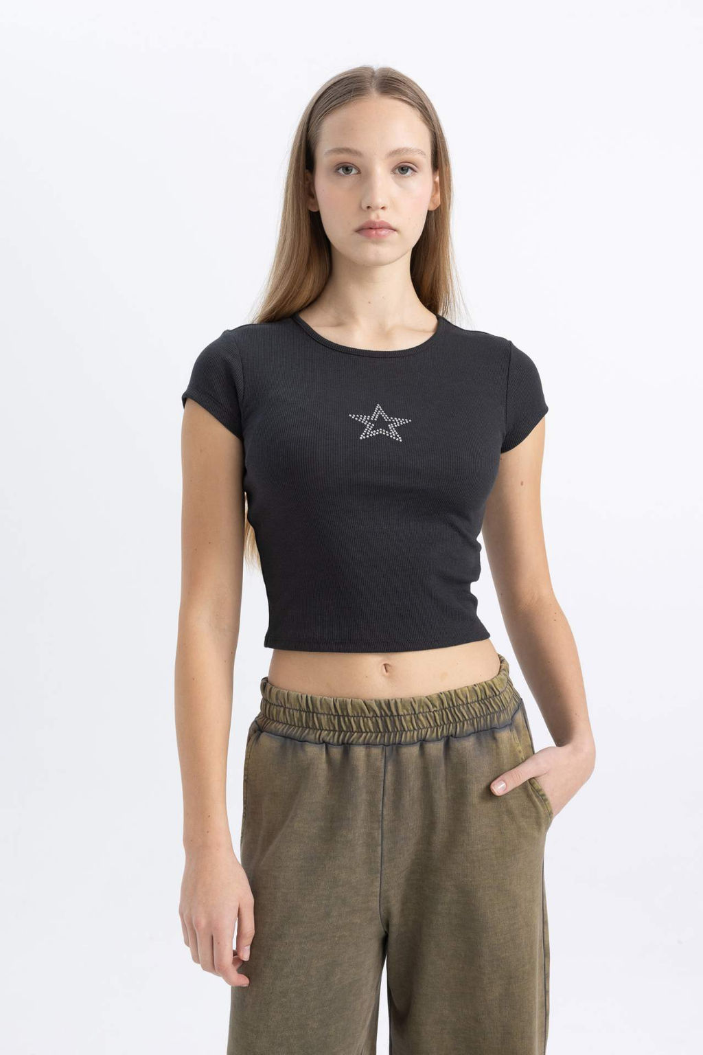 Coool Fitted Islemeli Fitilli Kaskorse K?sa Kollu Tisort - Defacto фото 2