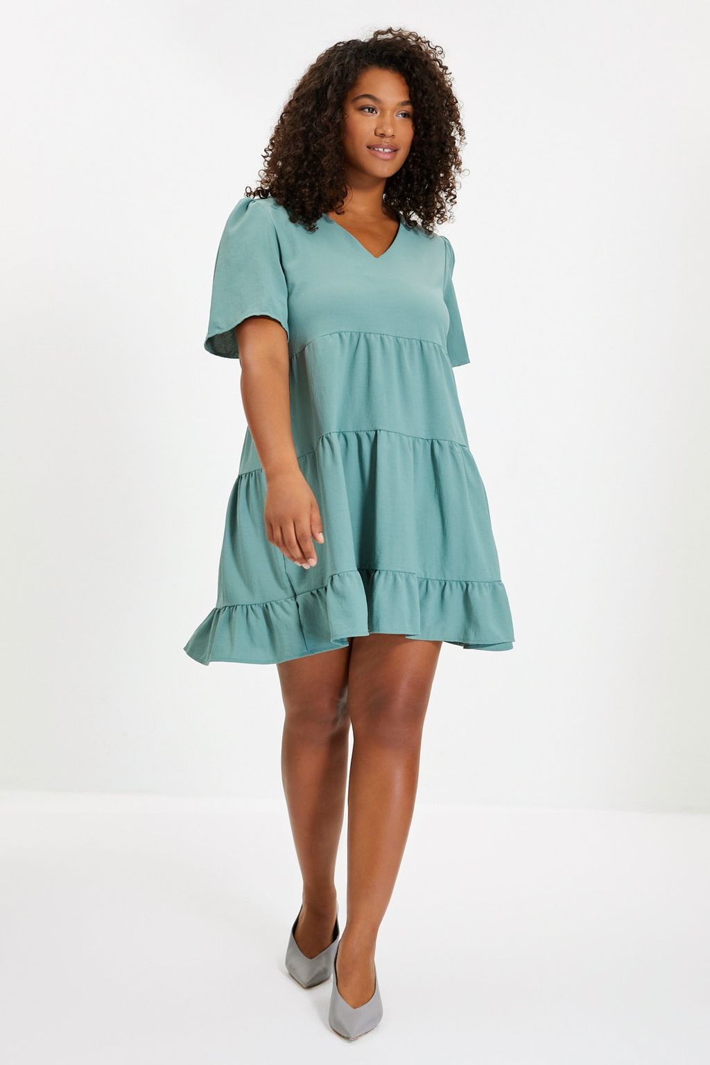 Haki Genis Kesim V Yaka Mini Dokuma Elbise TWOSS20EL0400