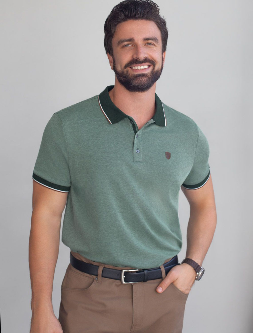 Футболка поло с воротником на пуговицах из полотна пике с меланжевым плетением с эластаном