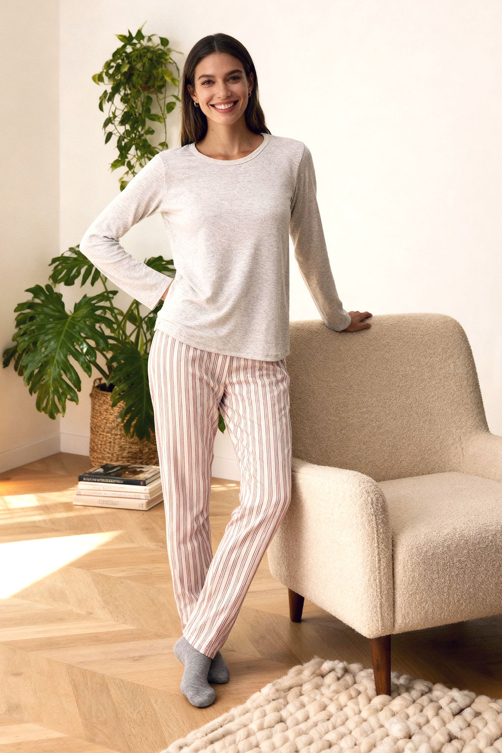 Bej-Pembe Ust Fitilli, Alt Pamuklu Cizgili Orme Pijama Tak?m? THMAW26PT00095 - Trendyolmilla фото 5