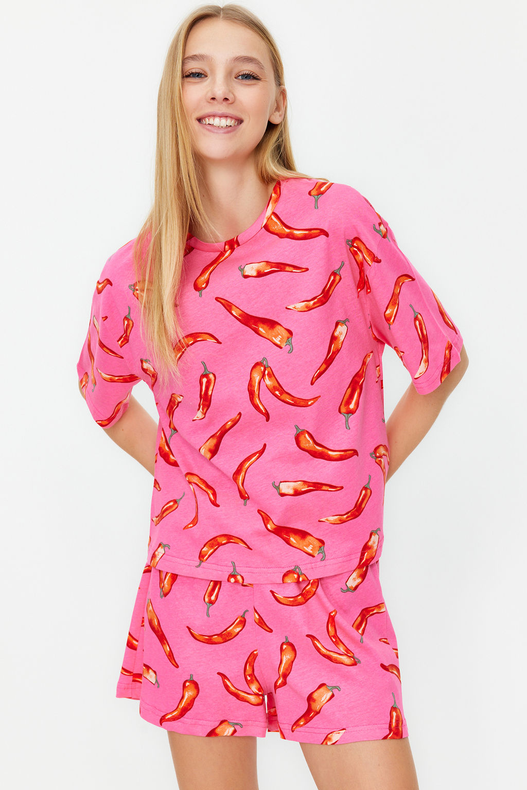 Pembe %100 Pamuklu Eglence Desenli Sortlu Orme Pijama Tak?m? THMSS24PT00002