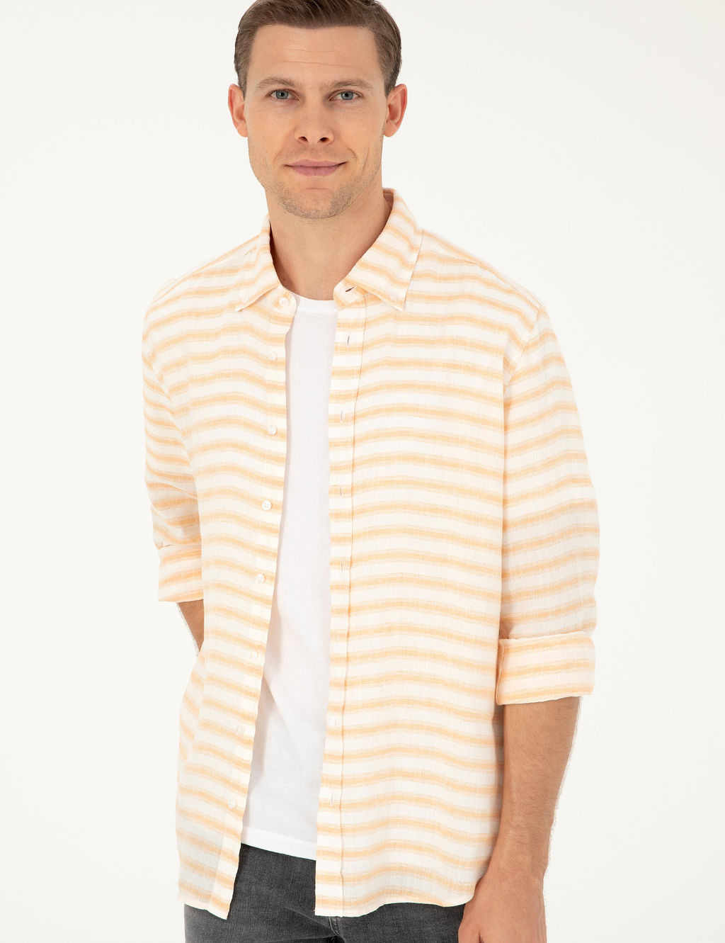 Turuncu Keten Kar___ml_ Slim Fit Uzun Kollu G_mlek