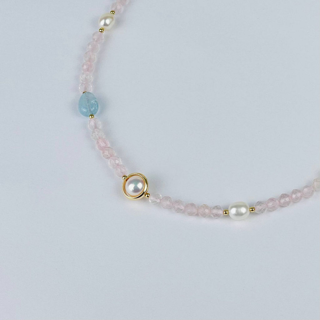 Колье из Розового кварца, Аквамарина и Жемчуга - Радуга самоцветов фото 2