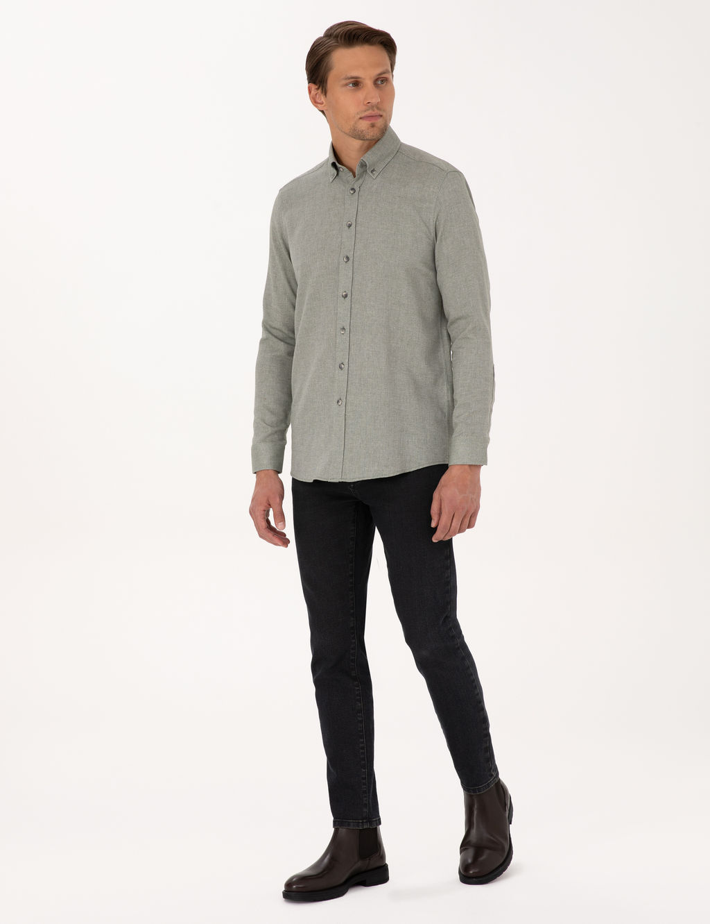 Ye_il Slim Fit Dokulu Uzun Kollu G_mlek