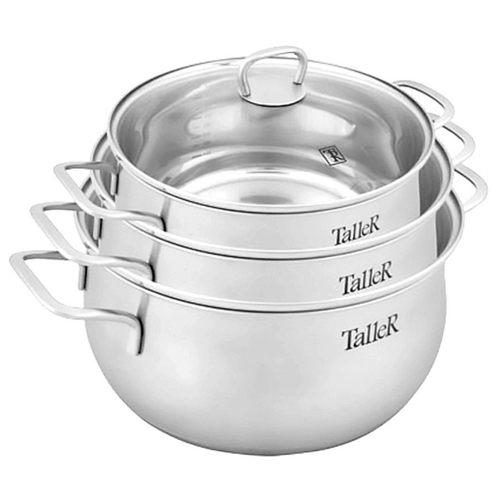 Набор кастрюль из нержавеющей стали Бригг 3 штуки: 2,2л - д18см, h9см, 3,2л - д20см, h10,5см, 5,2л - д24см, h11,5см, s0,5мм, дно s2,7мм, полировка матовая снаружи, зеркальная внутри, стеклянная жаропрочная крышка, стальной обод, пароотвод, ручки с - Домашняя мода фото 3