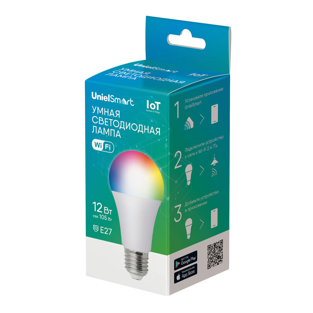 LED-A60-12W/RGBW/E27/230V/WF/FR PLS80WH Умная лампа светодиодная Wi-Fi+Bluetooth, диммируемая. Форма "А", матовая. 2700-6500K+RGB. Голосовое управление+приложение UnielSmart. TM Uniel