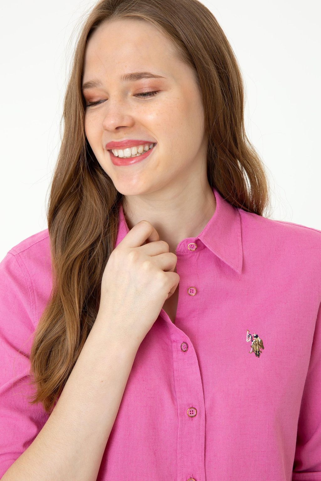 U. S. Polo Assn Женская розовая базовая рубашка из льна с длинным рукавом - U.s. polo assn фото 2