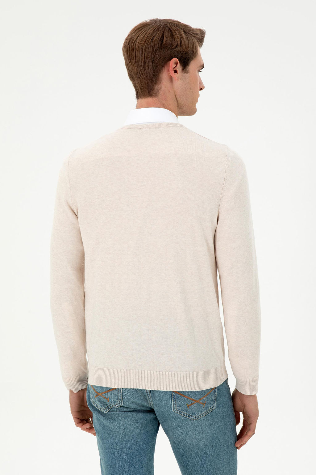 Erkek Slim Fit V Yaka Krem Melanj Basic Kazak