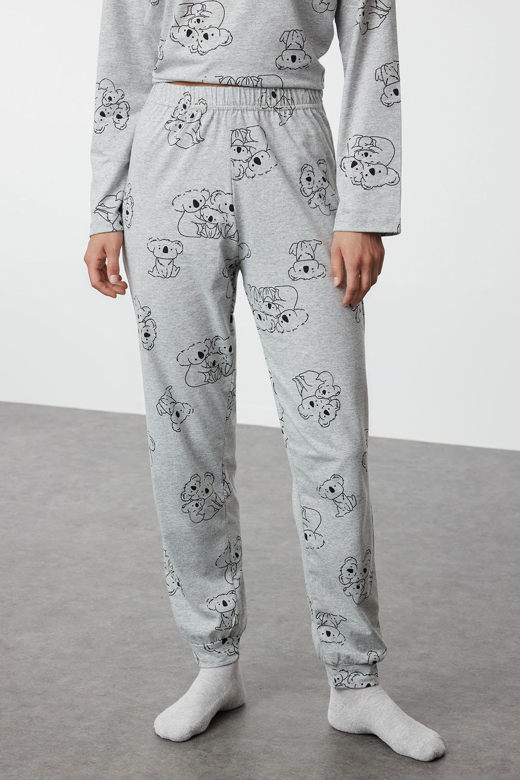 Trendyolmilla Gri Melanj Pamuklu Hayvan Desenli Orme Pijama Tak?m? THMAW25PT00020