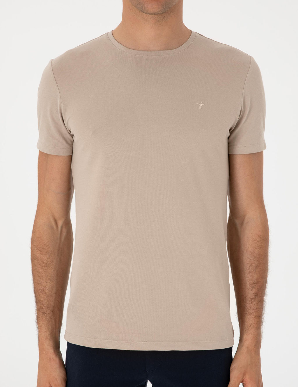 Bej Slim Fit Bisiklet Yaka Pamuklu T-shirt