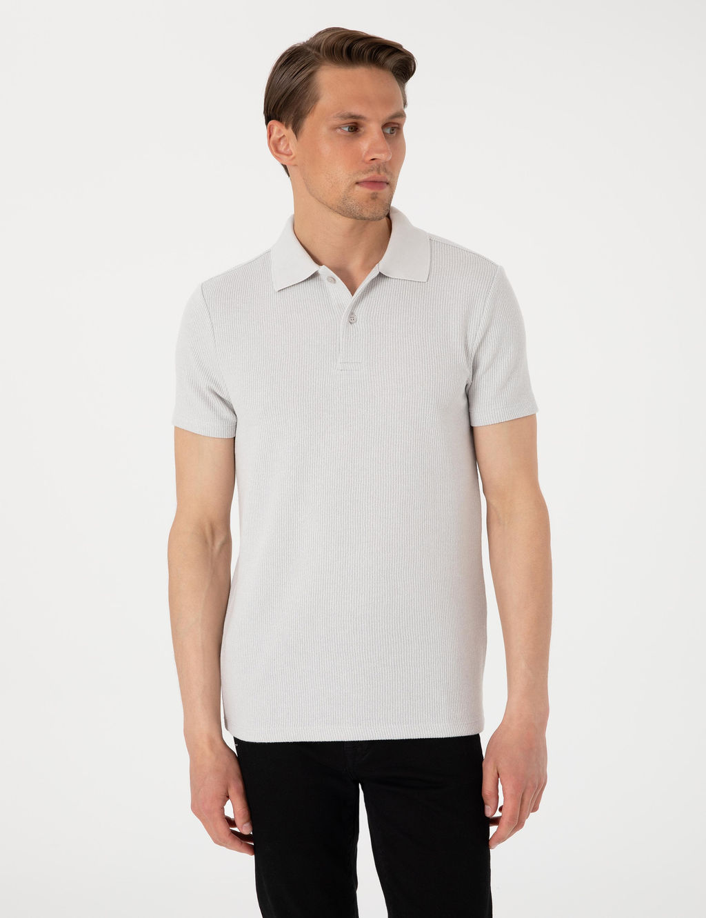 Gri Slim Fit _rme Dokulu Polo Yaka Ti__rt
