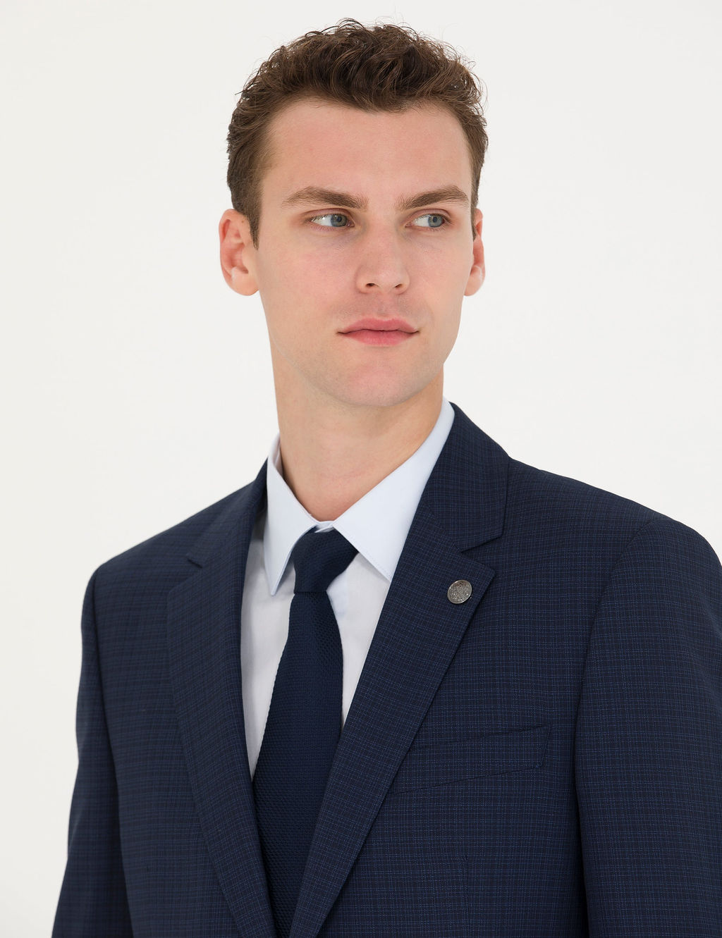 Kareli Lacivert Slim Fit Tak_m Elbise