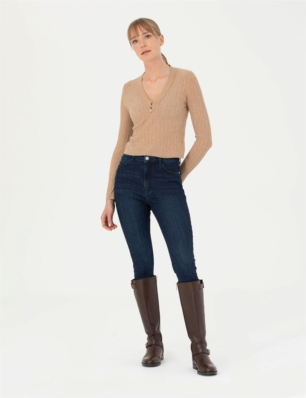 Бежевый свитер с v-образным вырезом Ex Slim Fit