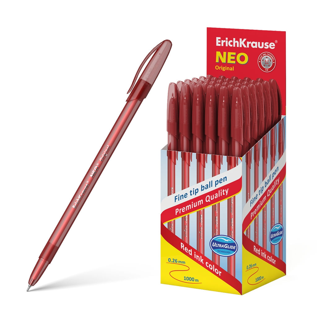 Цена за 50 шт. Ручка шариковая ErichKrause Neo® Stick Original 0.7, Super Glide Technology, цвет чернил красный (в коробке по 50 шт.)