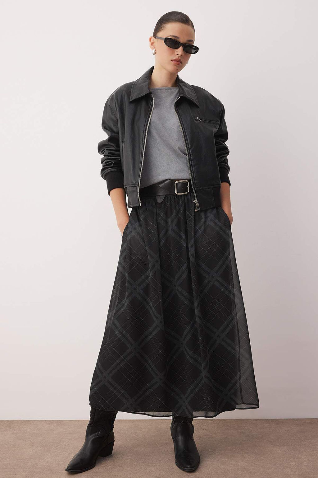 Siyah Sifon Ekoseli Astarl? Uzun Etek TWOAW26ET00044