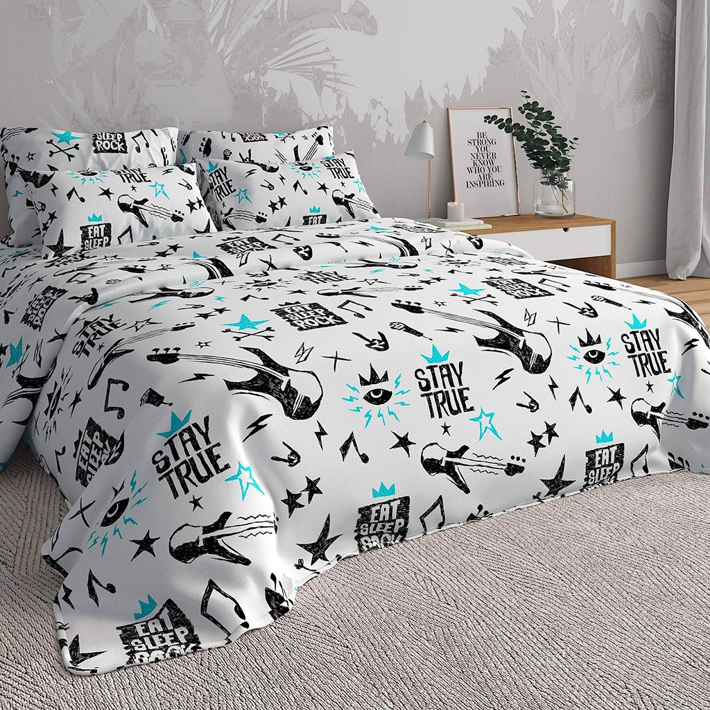 Постельное белье, комплект 1,5 спальный STAY TRUE - оставайся верным, 4 предмета: пододеяльник 145х215см на кнопках, простыня 150х220см, 2 наволочки 70х70см с клапаном-запахом, перкаль 115г/м2, хлопок 100%, упаковка классическая ПВХ 32х41см, Дом