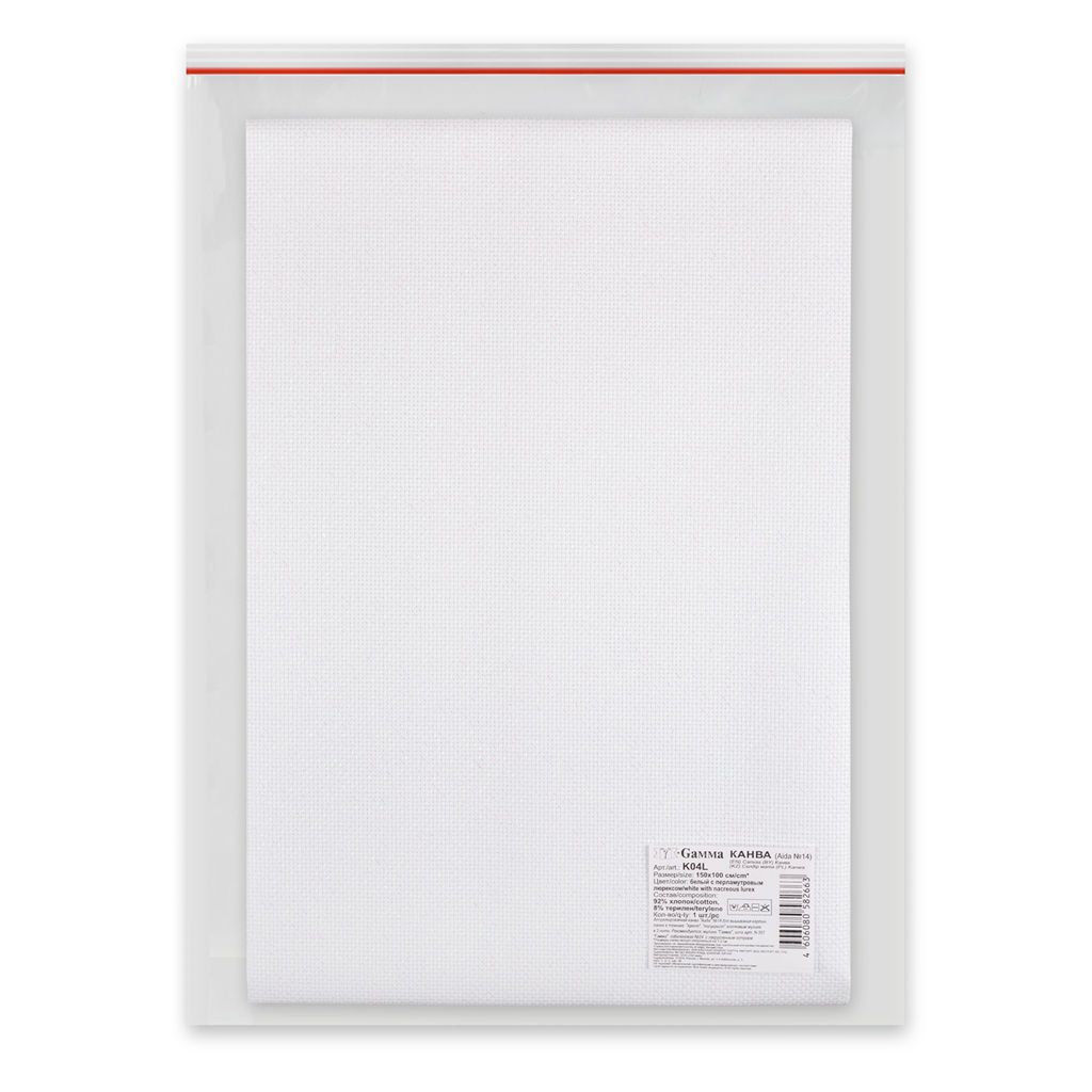 Канва K04L Gamma Aida №14 ФАСОВКА 92% хлопок, 8% терилен 150 x 100 см  2 см белый с перламутровым люрексом