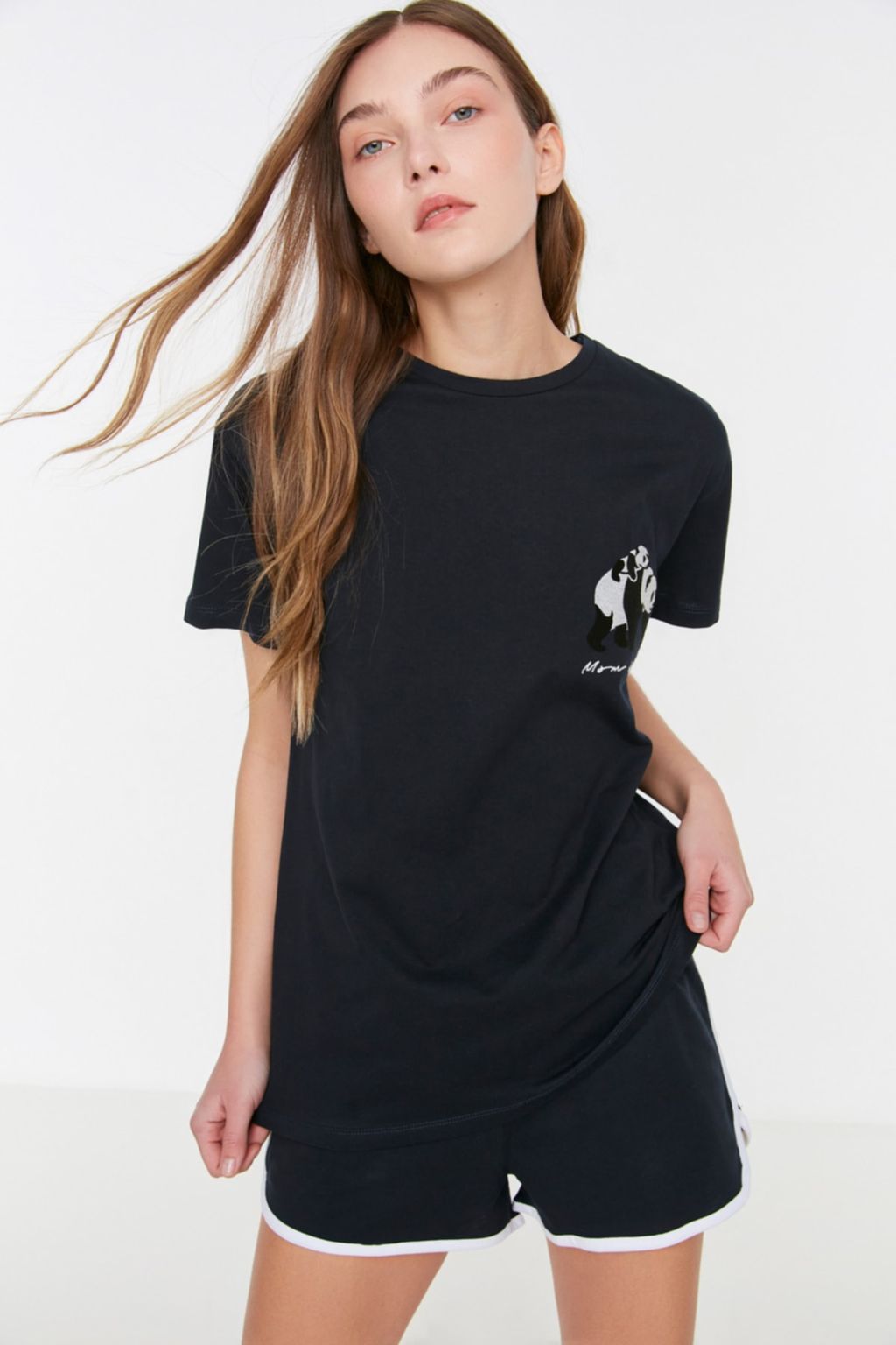 Trendyolmilla Lacivert %100 Pamuklu Panda Bask?l? Sortlu Orme Pijama Tak?m? THMSS22PT00005  фото 3