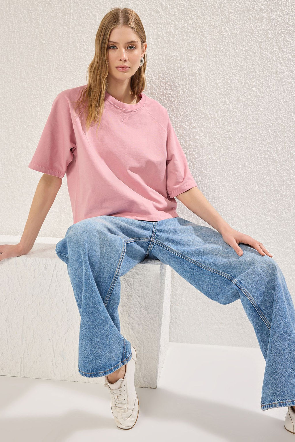 Pembe Relaxed/Rahat Kal?p Crop Orme T-Shirt TWOSS25TS00017
