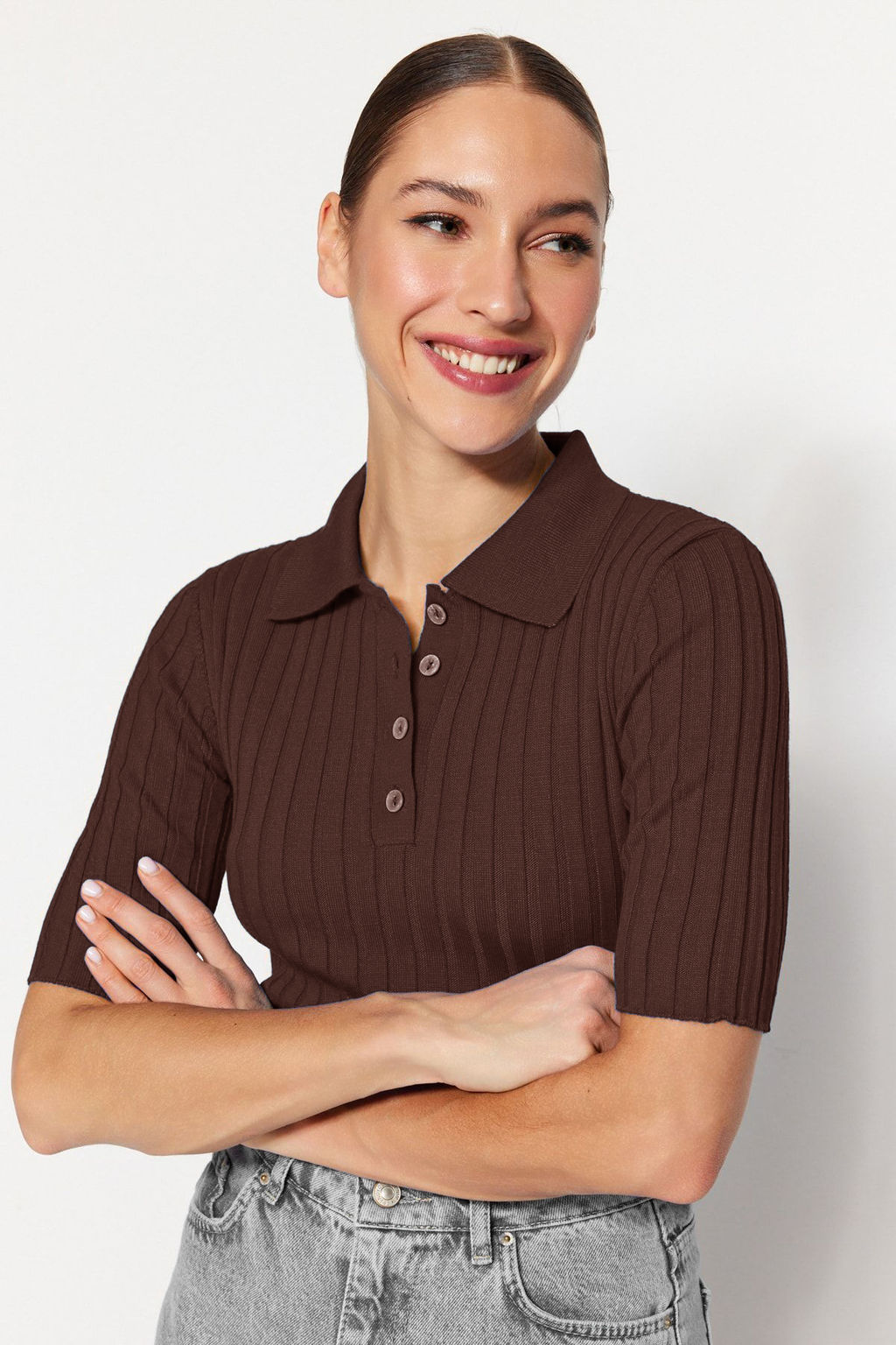 Kahverengi Basic Polo Yaka T-Shirt Gorunumlu Triko Ince Bluz TWOSS20BZ0112