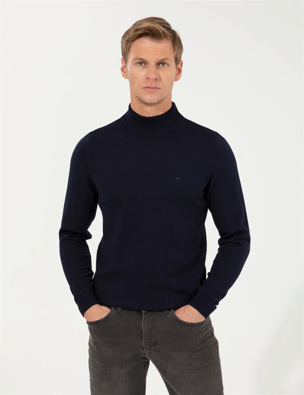 Lacivert Slim Fit Yar_m Bal_k__ Yaka Basic Triko Kazak