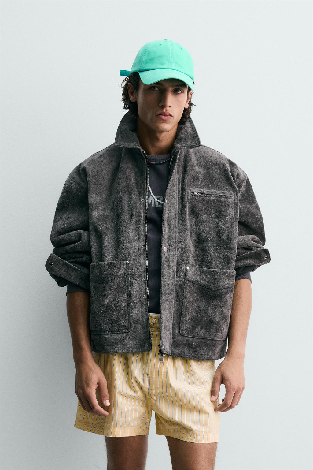 CAZADORA RELAXED FIT PIEL SERRAJE / Gris