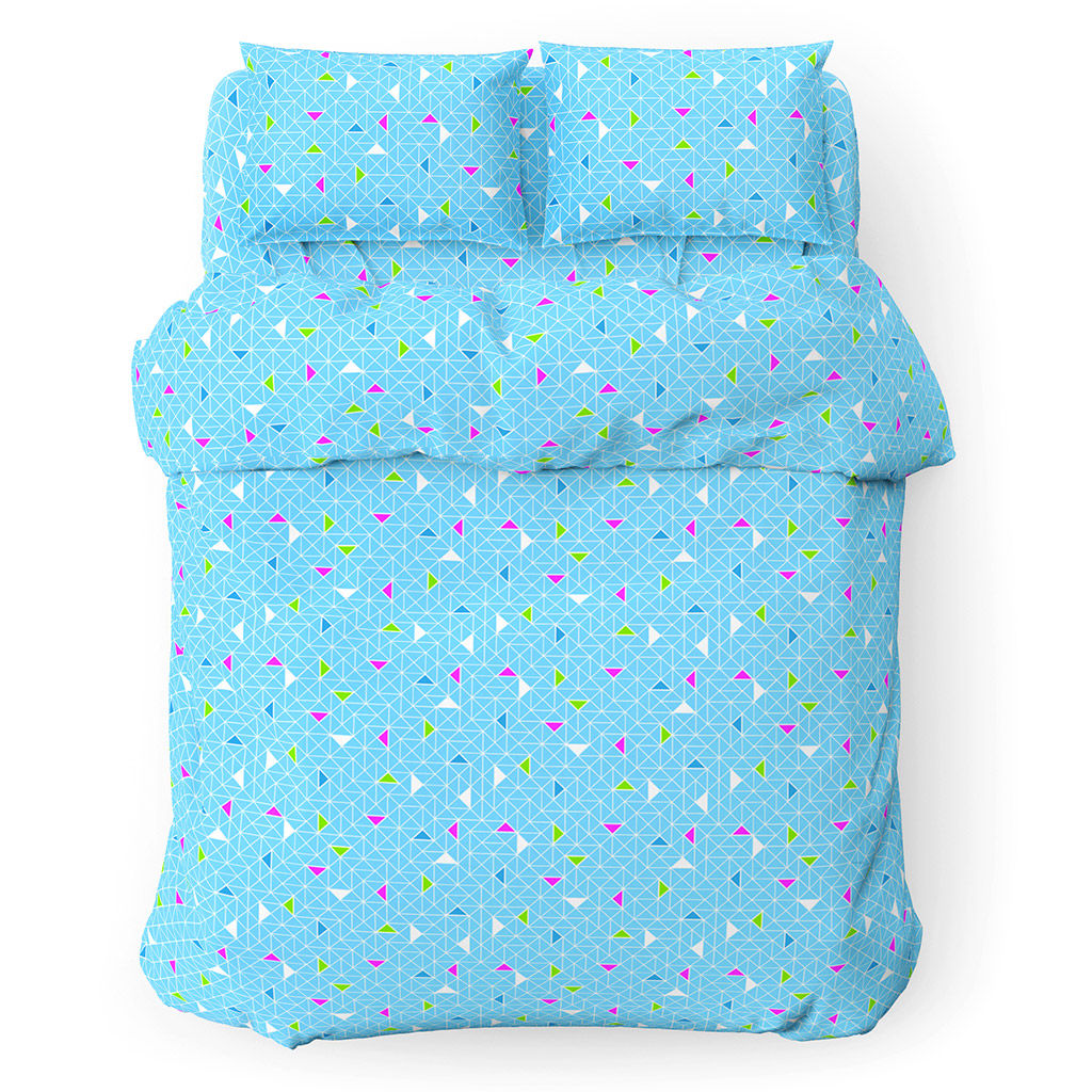 Постельное белье, комплект 1,5 спальный "Треугольники, бирюза", 4 предмета: пододеяльник 145х215см, простыня 150х215см, 2 наволочки 70х70см с клапаном-запахом, бязь "Комфорт" 121г/м2, хлопок 100%, упаковка "классическая" ПВХ 32х41х2,5см, "Домашняя мо