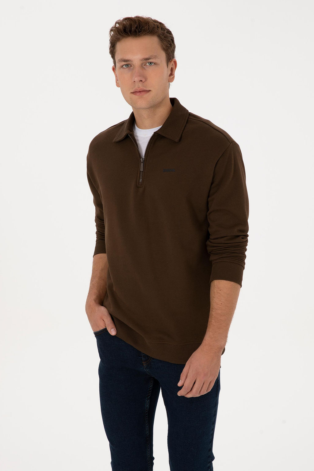 Erkek Regular Fit Yar_m Fermuarl_ Kahverengi Basic Sweatshirt - U.s. polo assn фото 3