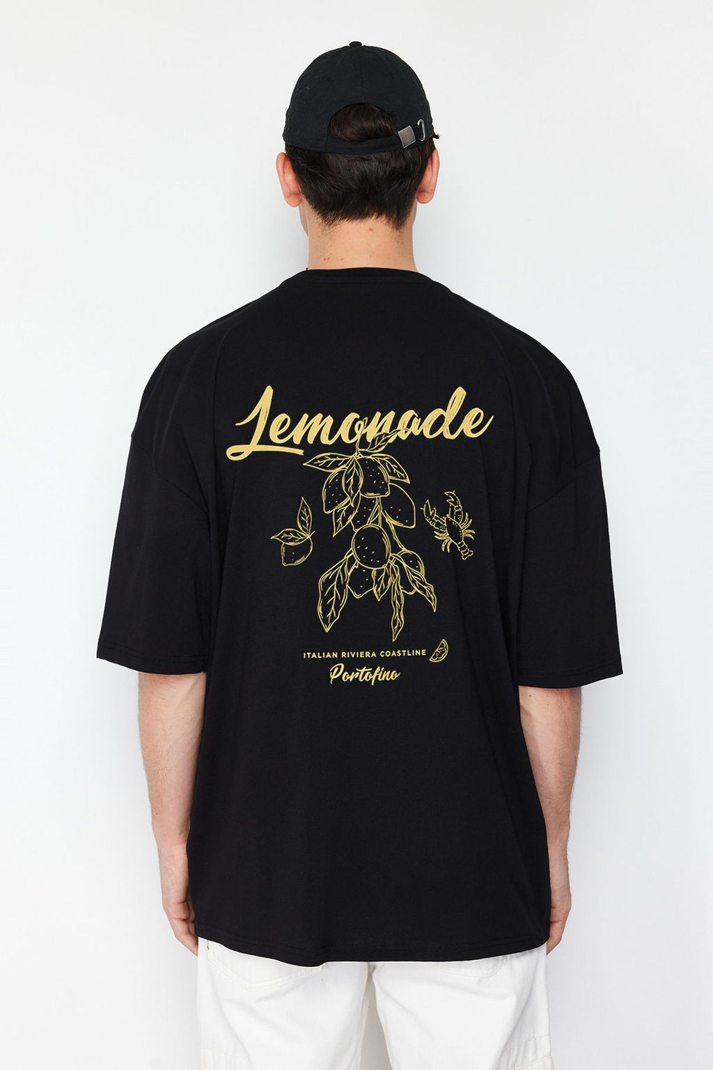 Siyah Oversize/Genis Kesim S?rt Limon Bask?l? %100 Pamuk T-Shirt TMNSS23TS00089