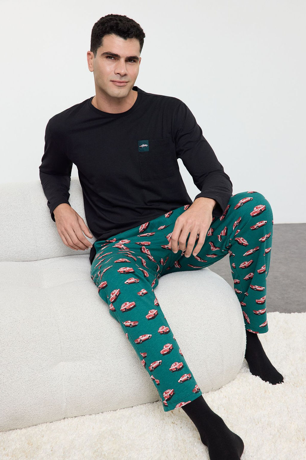 Trendyolmilla Man Siyah Regular Fit Araba Bask?l? Orme %100 Pamuklu Pijama Tak?m? TMNAW25PT00011  фото 2