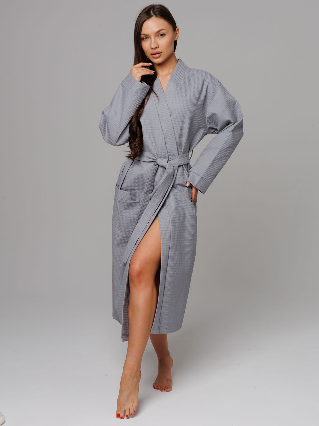 Женский вафельный халат с планкой серый В-02 (20)