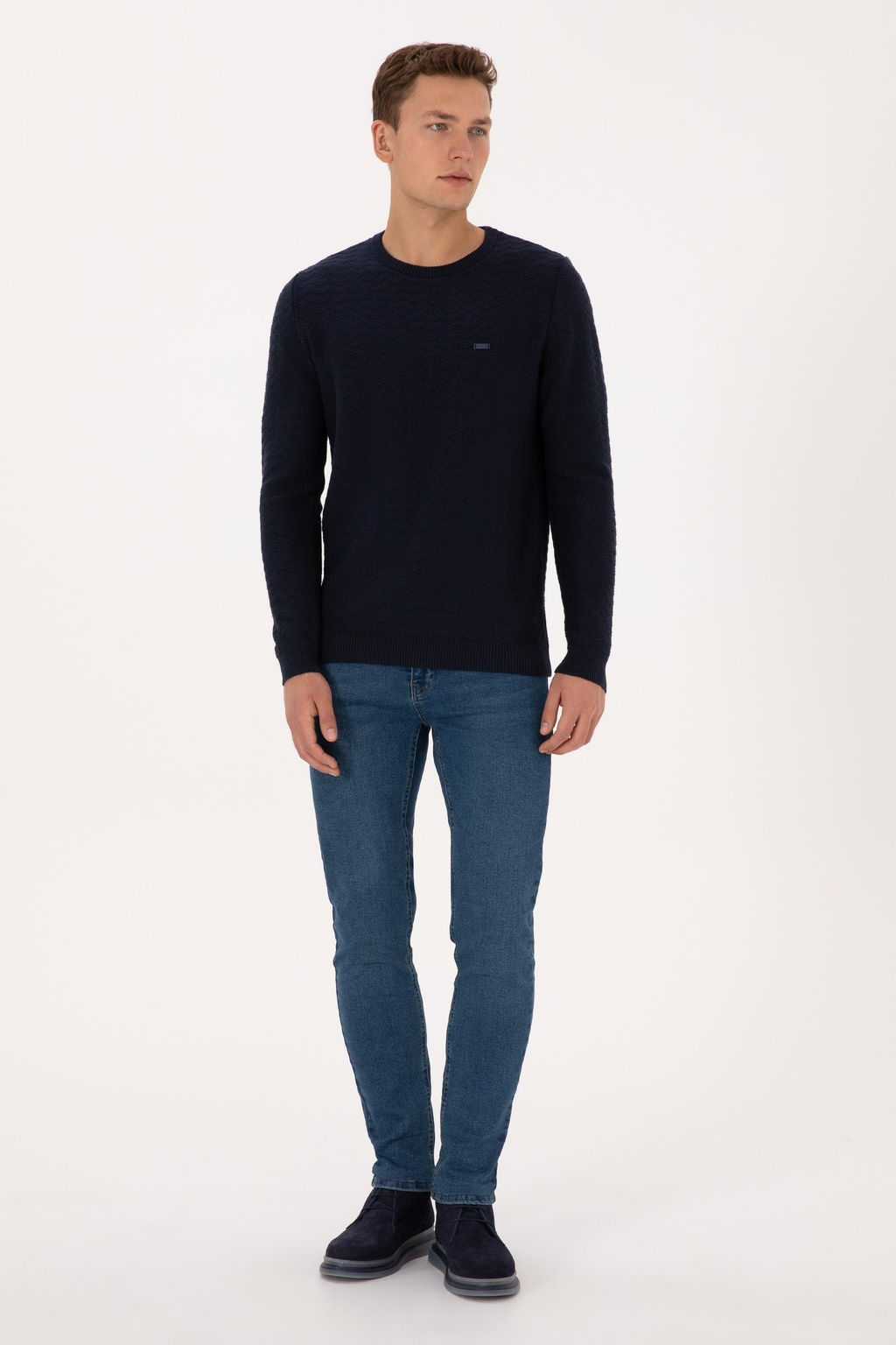 Erkek Slim Fit Bisiklet Yaka Desenli Lacivert Kazak