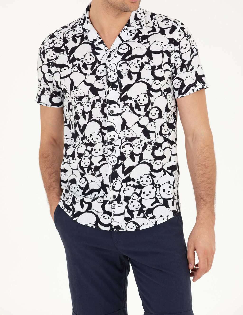 Черная рубашка узкого кроя из смесового льна с коротким рукавом - Cacharel фото 6