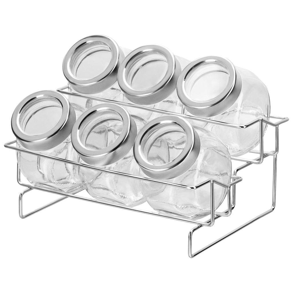 Набор 6 банок д/хранения 200 мл 20*16,5*15 см с металл.закр. крышками, на металл. подставке, стекло