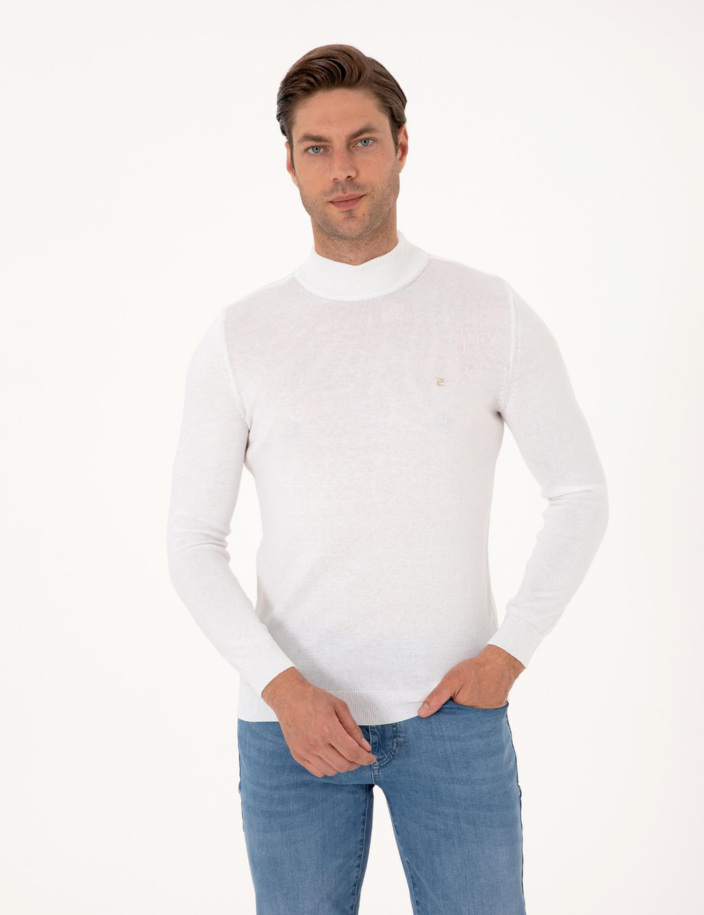 Ekru Slim Fit Yar_m Bal_k__ Yaka Basic Triko Kazak