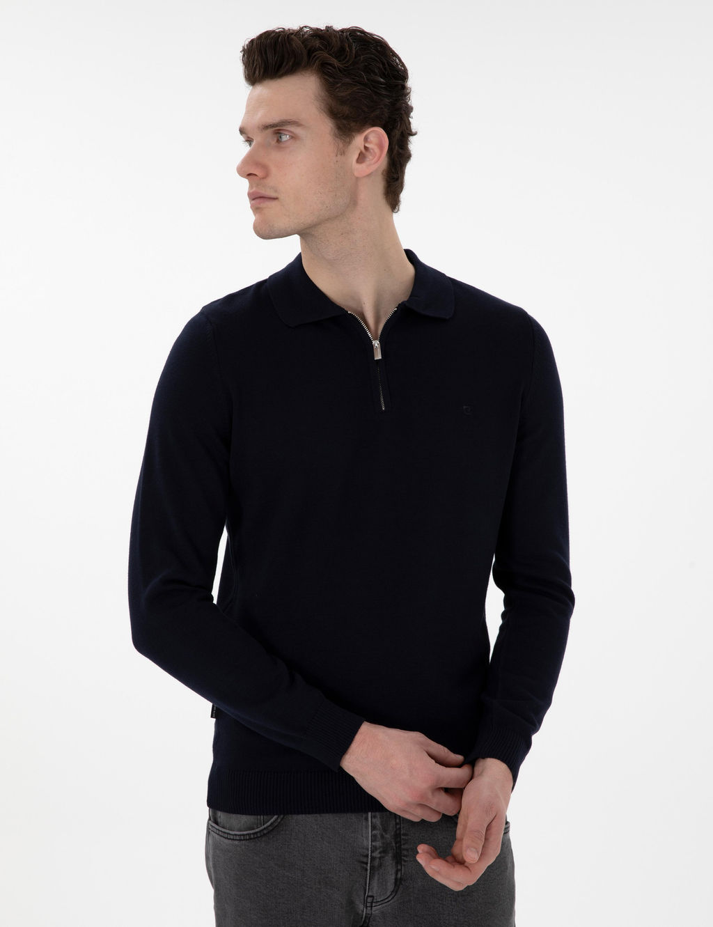 Lacivert Slim Fit Fermuarl_ Polo Yaka Basic Triko Kazak
