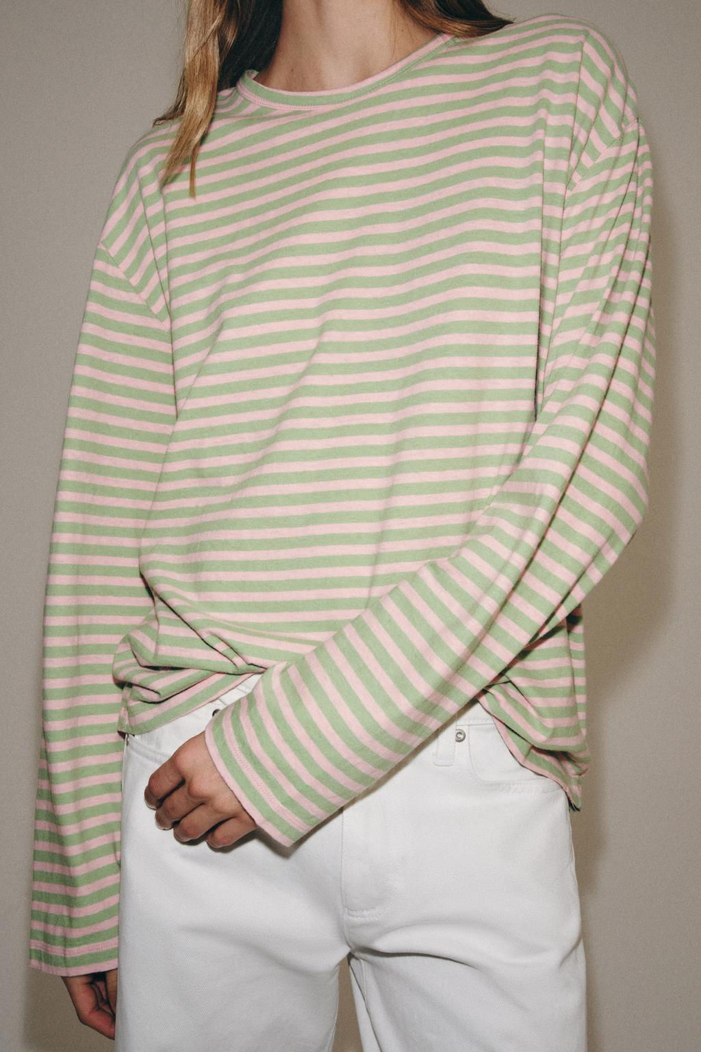 CAMISETA ALGOD?N Y LINO RAYAS / Rosa pastel - Zara фото 30