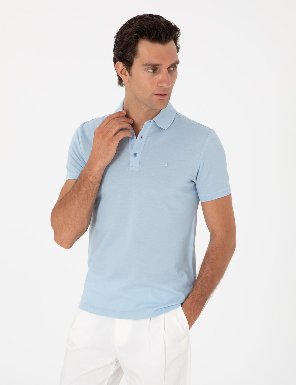 Buz Mavisi Slim Fit Polo Yaka Pamuklu Basic T-shirt